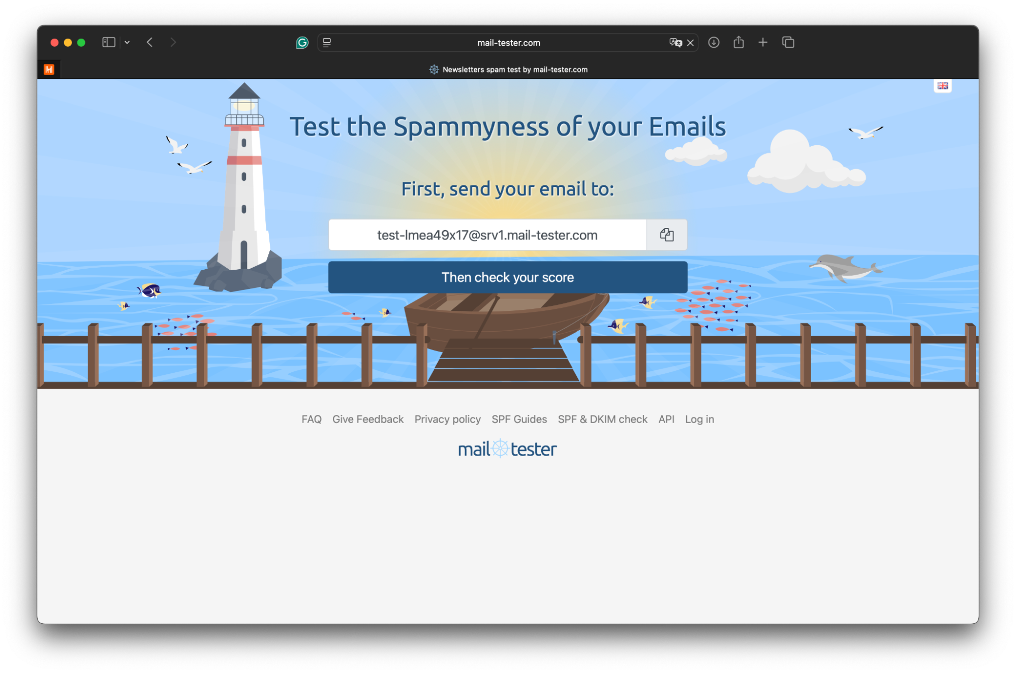 Screenshot of the mail tester website (blue design with a lighthouse in the background).