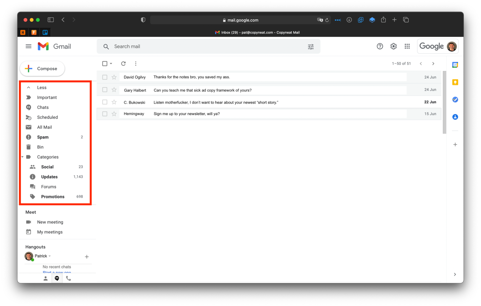 Screenshot of my gmail inbox showing emails from David Ogilvy, Gary Halbert, C. Bukowski, and Hemingway.