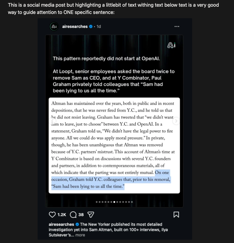 Bild eines Screenshots aus meinem Swipe File mit Social Media Post, der einen Text zeigt, mit einer markierten Stelle, die meine Aufmerksamkeit auf sich gezogen hat.
