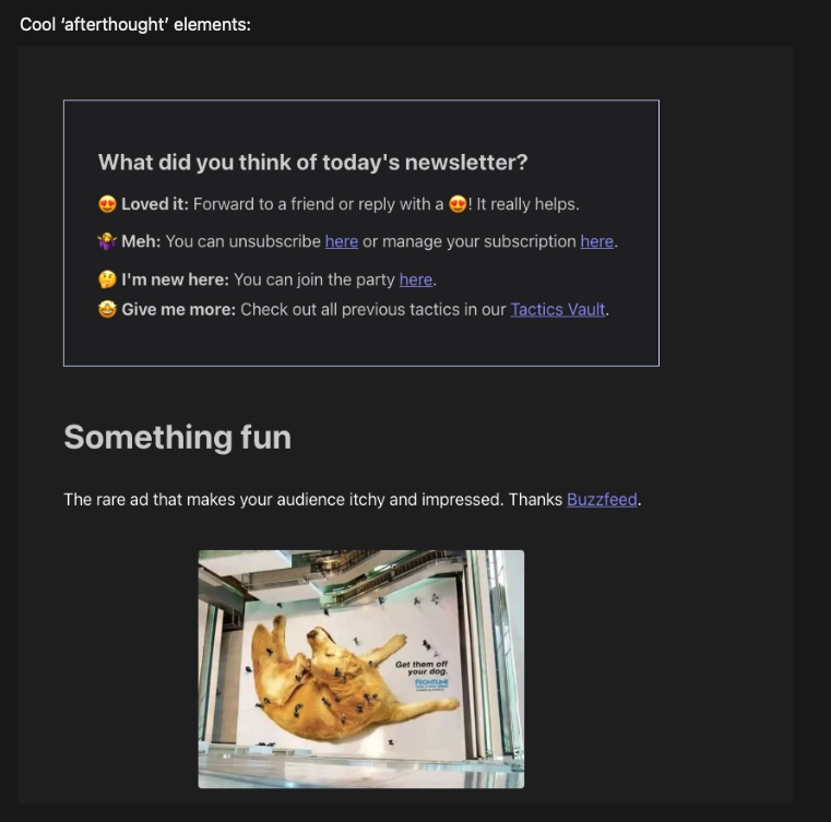 Screenshot von meinem Swipe File mit "Afterthought"-Elementen.