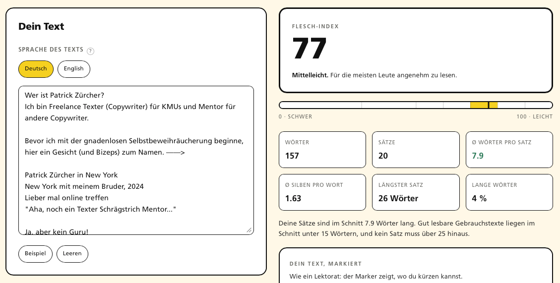 Screenshot meines Tools zur Berechnung des Flesch-Index eines Textes.